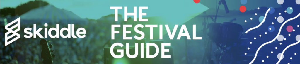 Festival crowd with stage lighting and Skiddle festival guide text.