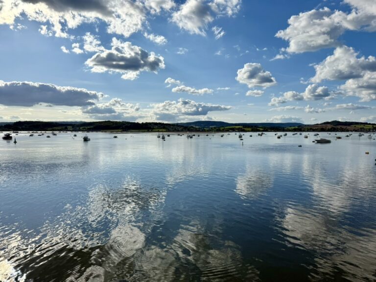 River Exe at Exmouth in Devon, with calm estuary waters, reflections and wide views across the Exe Estuary under blue skies.