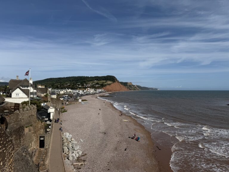 Sidmouth beach and seafront in East Devon, home to the Sidmouth Folk Festival and overlooking the Jurassic Coast.