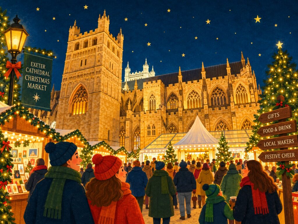 Stylised illustration of Exeter Cathedral Christmas Market at night, with festive stalls, Christmas lights and visitors on Cathedral Green, Devon.