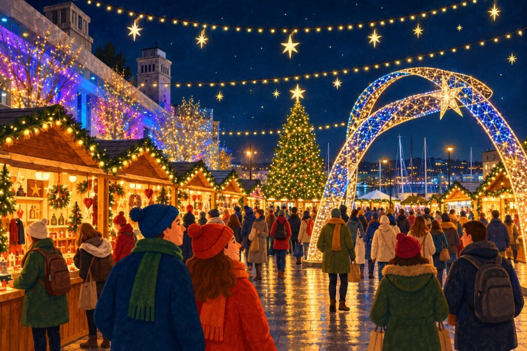 Stylised illustration of Plymouth Christmas Market at night, with festive stalls, Christmas lights, a decorated tree and visitors in the city centre.
