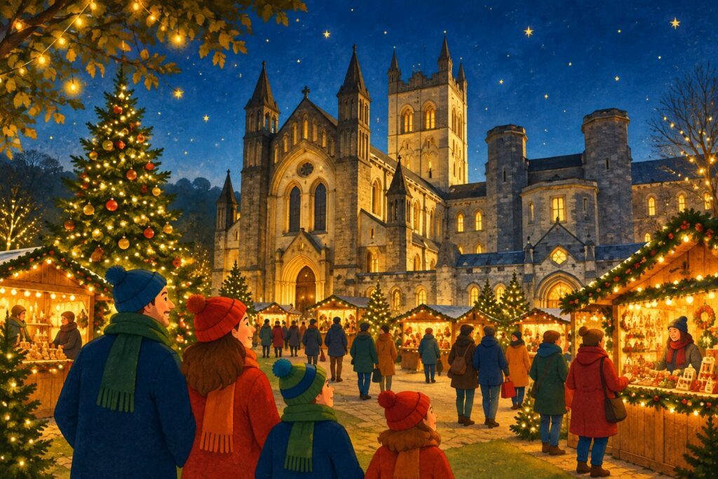 Stylised illustration of Buckfast Abbey Christmas Market, with festive stalls, Christmas lights, a decorated tree and visitors outside the abbey in Devon.