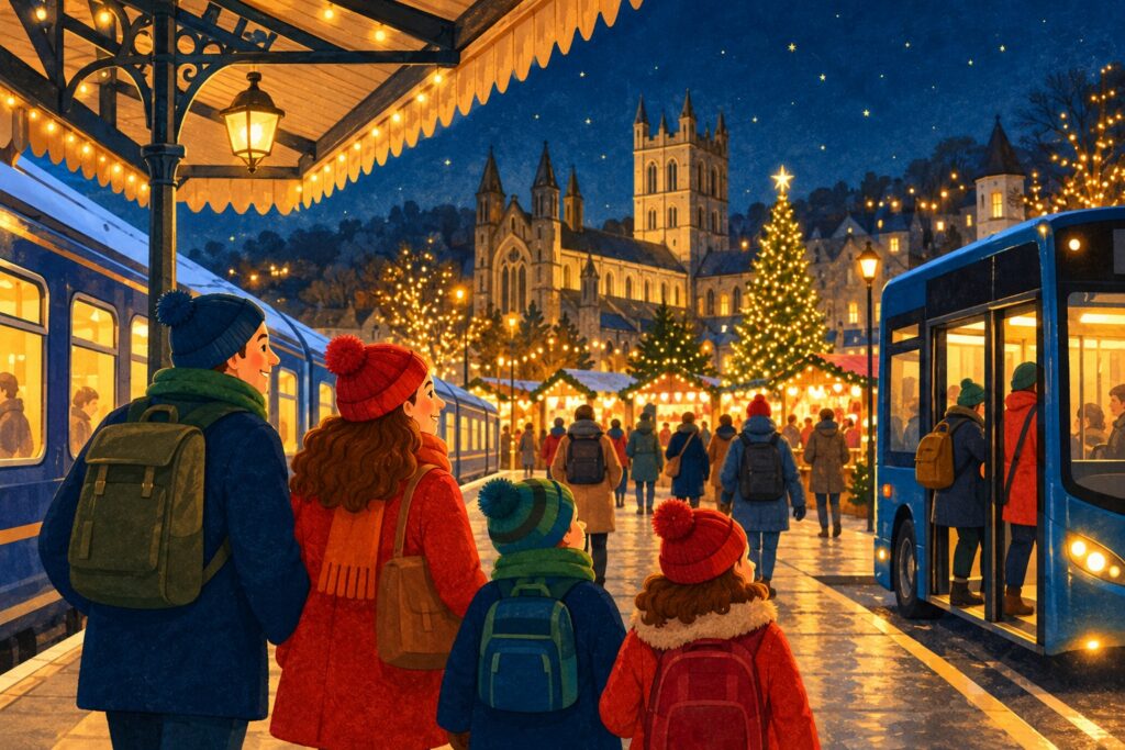 Stylised illustration of visitors travelling by train and bus to a Devon Christmas market, with festive lights, market stalls and a Christmas tree.