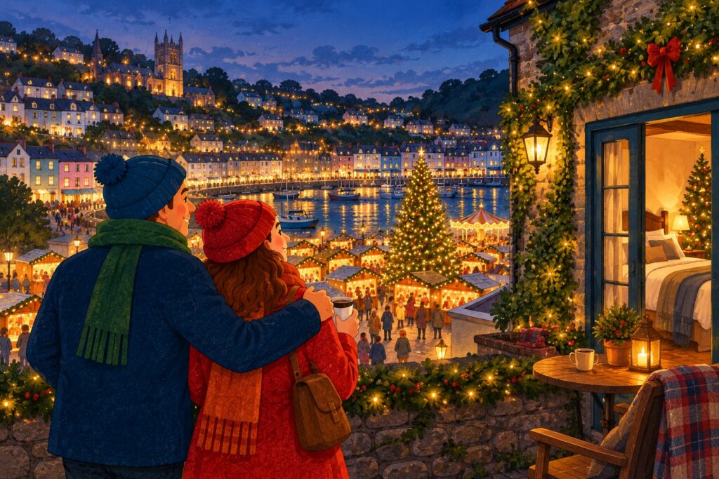 Stylised illustration of a Christmas weekend in Devon, with a couple overlooking a festive harbour, Christmas market, illuminated tree and cosy accommodation.