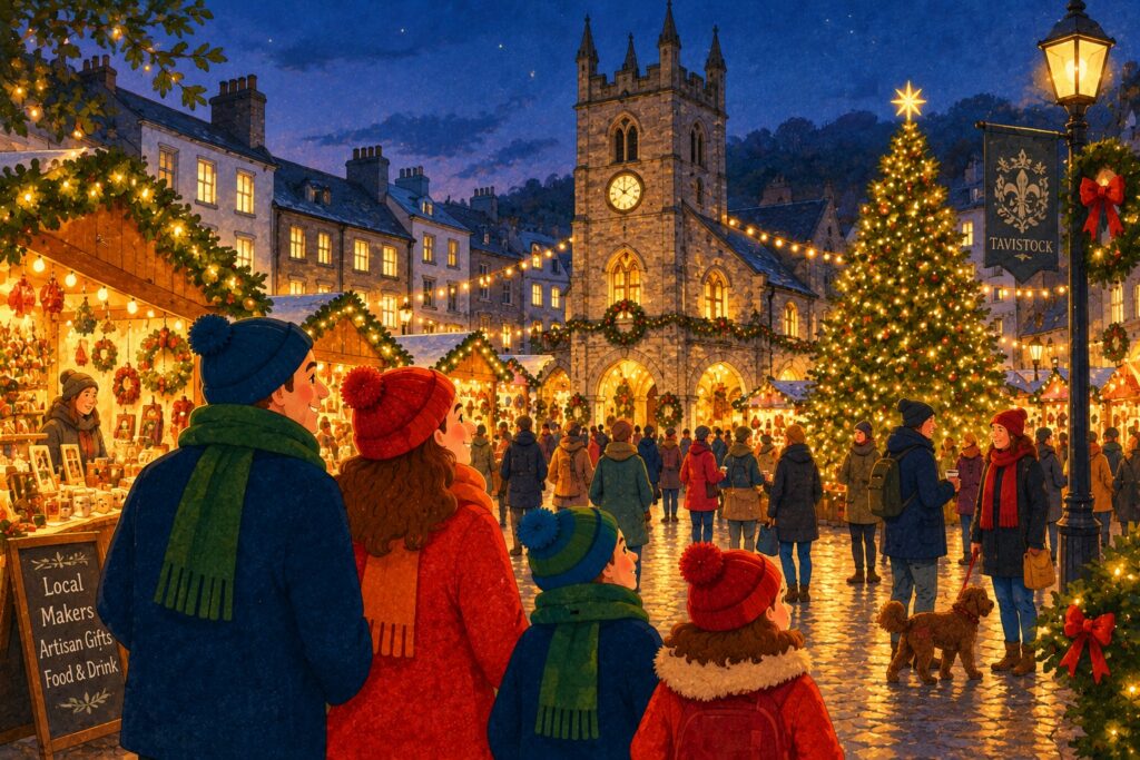 Stylised illustration of a Devon Christmas market at night, with festive stalls, Christmas lights, a decorated tree and families shopping for local gifts.