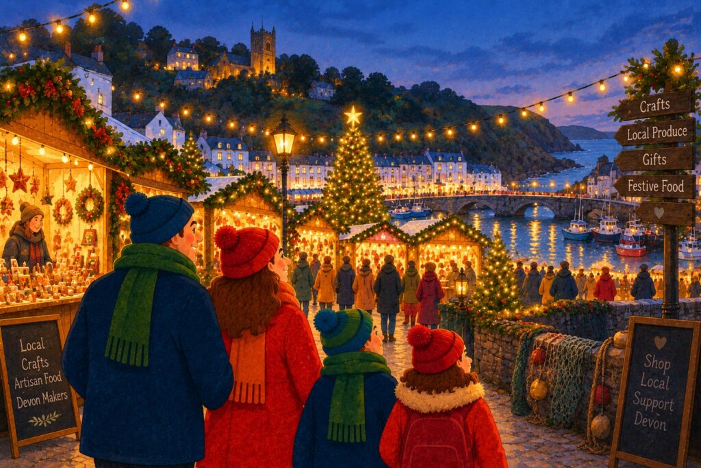 Stylised illustration of a North Devon Christmas market, with festive stalls, local crafts, Christmas lights and families beside a coastal harbour.