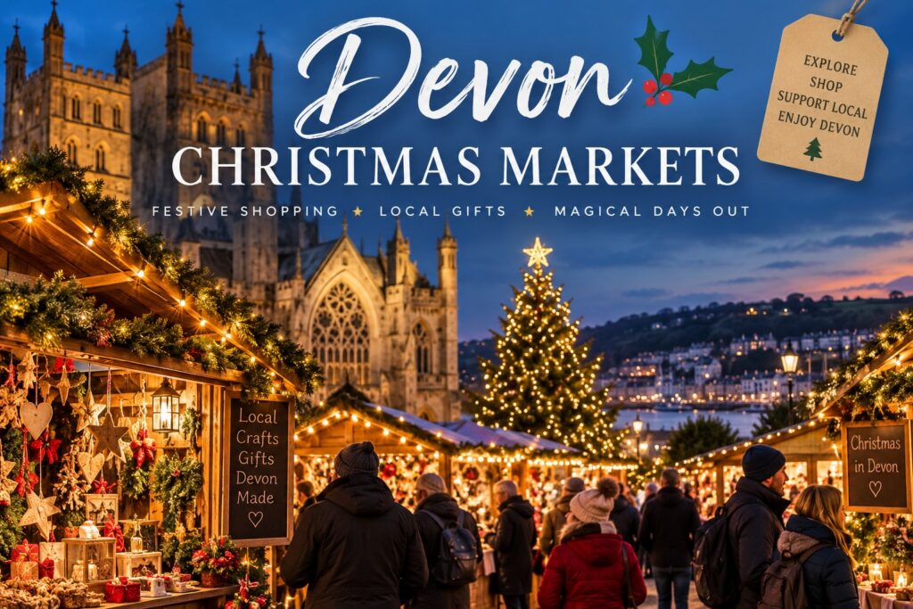Devon Christmas Markets at night, with festive stalls, Christmas lights, a decorated tree and shoppers in a Devon town setting.