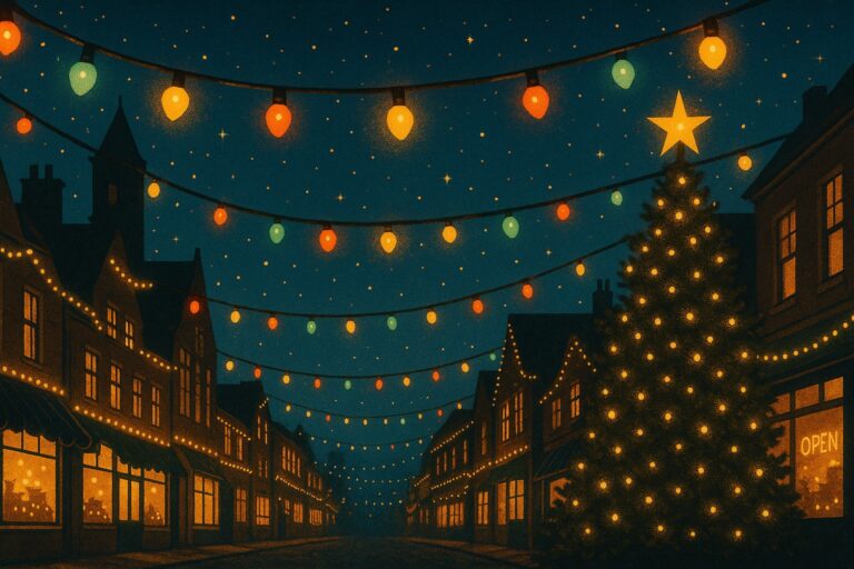 Decorative image of Christmas Lights, Tree and Late Night Shopping