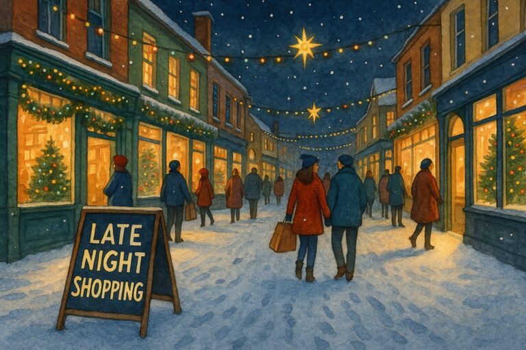 Illustrated snowy town street at night with warm shop windows, Christmas decorations, and people browsing during late-night Christmas shopping.