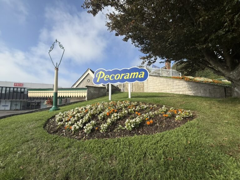 Flower bed and green lawn at the entrance to Pecorama in Beer, East Devon, with the blue Pecorama sign in front of the main building on a bright day.
