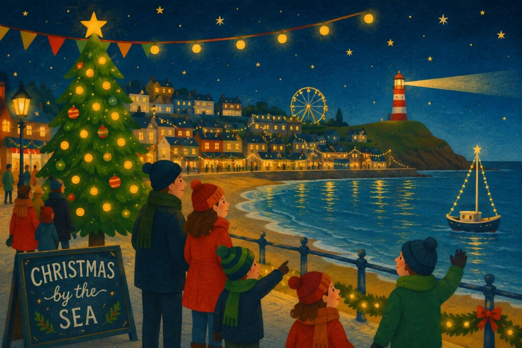 Christmas by the sea in Devon, with a decorated Christmas tree, festive lights, coastal town, lighthouse and illuminated boat