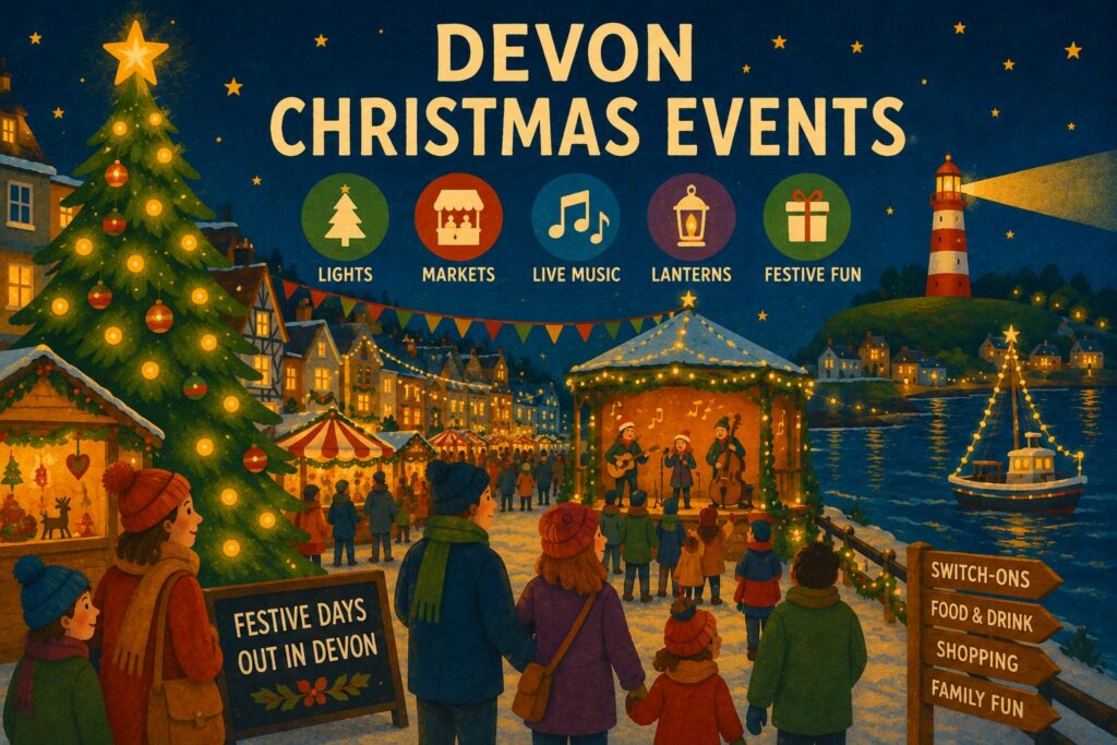 **Alt text:** Devon Christmas events with festive lights, Christmas markets, live music, decorated tree and families celebrating by the coast.

