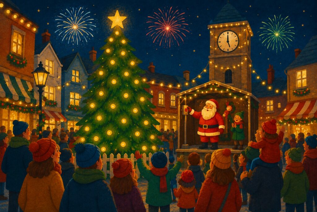 Christmas lights switch-on with a decorated Christmas tree, festive lights, Father Christmas and families celebrating in the town square.