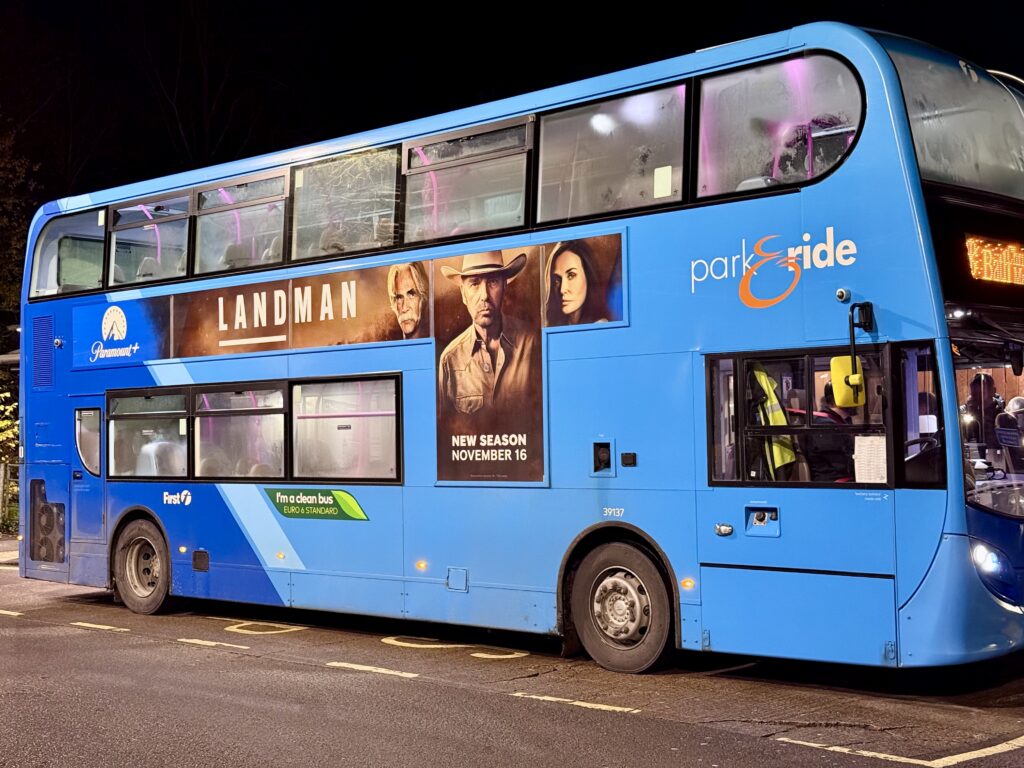 Blue Bath Park and Ride double decker bus providing evening transport into Bath city centre