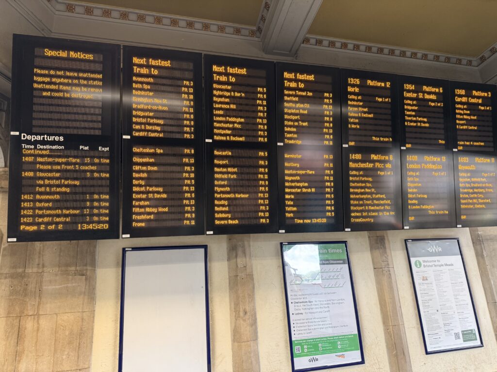 Departure boards inside showing train services and departure information