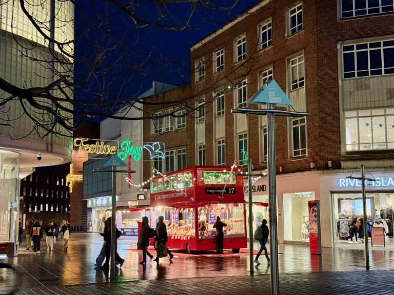 Christmas lights and festive street scene in Exeter city centre at night, with shoppers walking past a seasonal food stall during the winter period.
