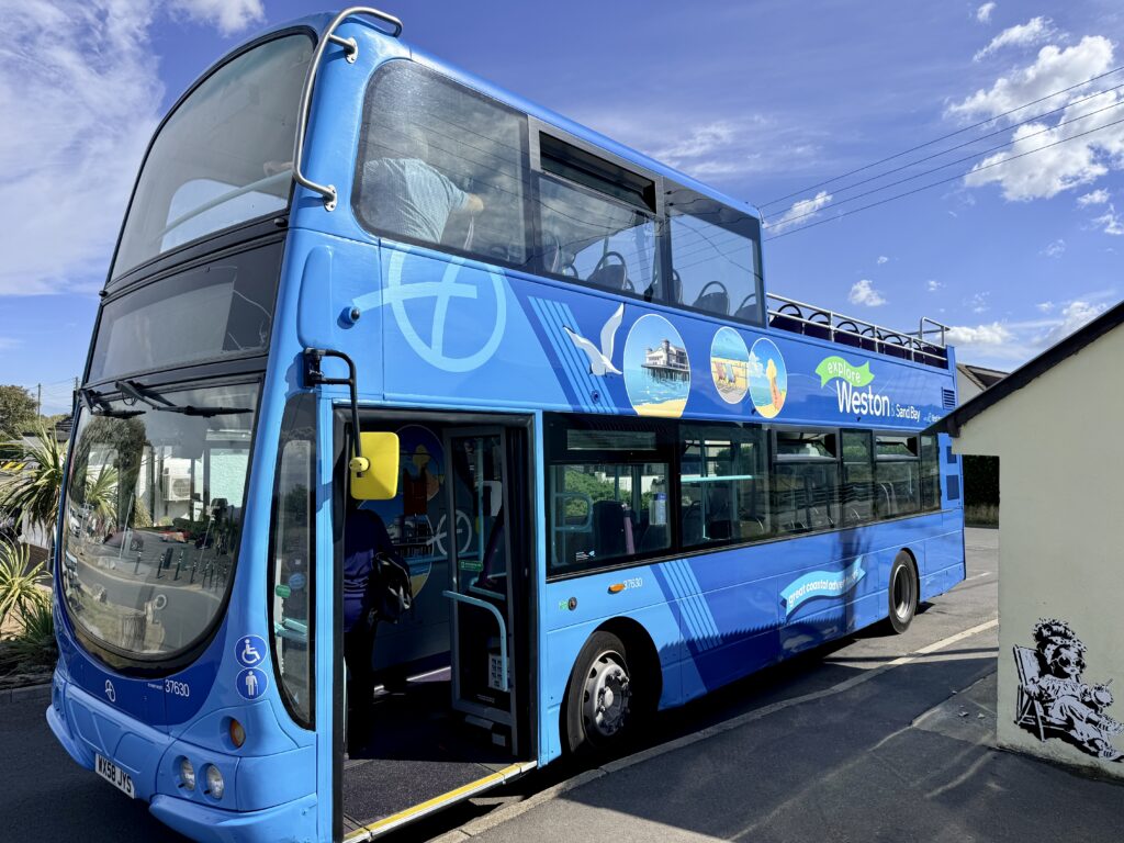Open-top double-decker bus at Sand Bay, providing a seasonal bus connection between Sand Bay and Weston-super-Mare.