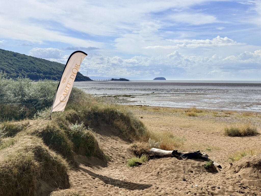 Sand dunes and beach at Sand Bay near Weston-super-Mare at low tide, looking across the Bristol Channel towards Birnbeck Pier and Steep Holm.