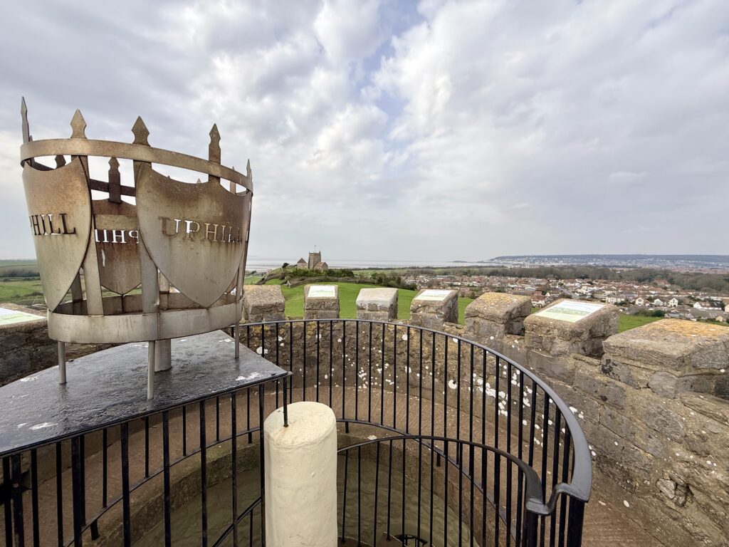 View from Uphill Beacon on the Brean Down Way, looking towards St Nicholas Church, Uphill village and Weston-super-Mare across the Bristol Channel.