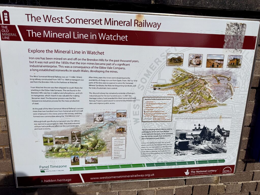 Information board about the West Somerset Mineral Line in Watchet, explaining iron mining history, railway route and harbour connections in Somerset
