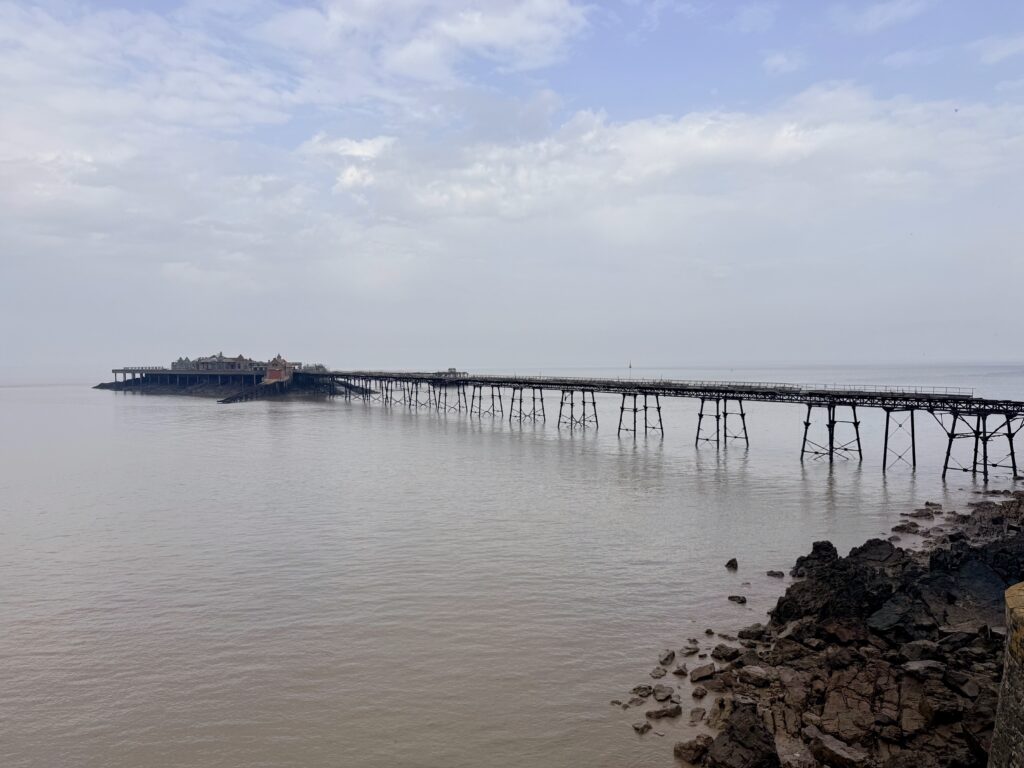 Birnbeck Pier extending from Weston-super-Mare to Birnbeck Island across Weston Bay on the Somerset coast.