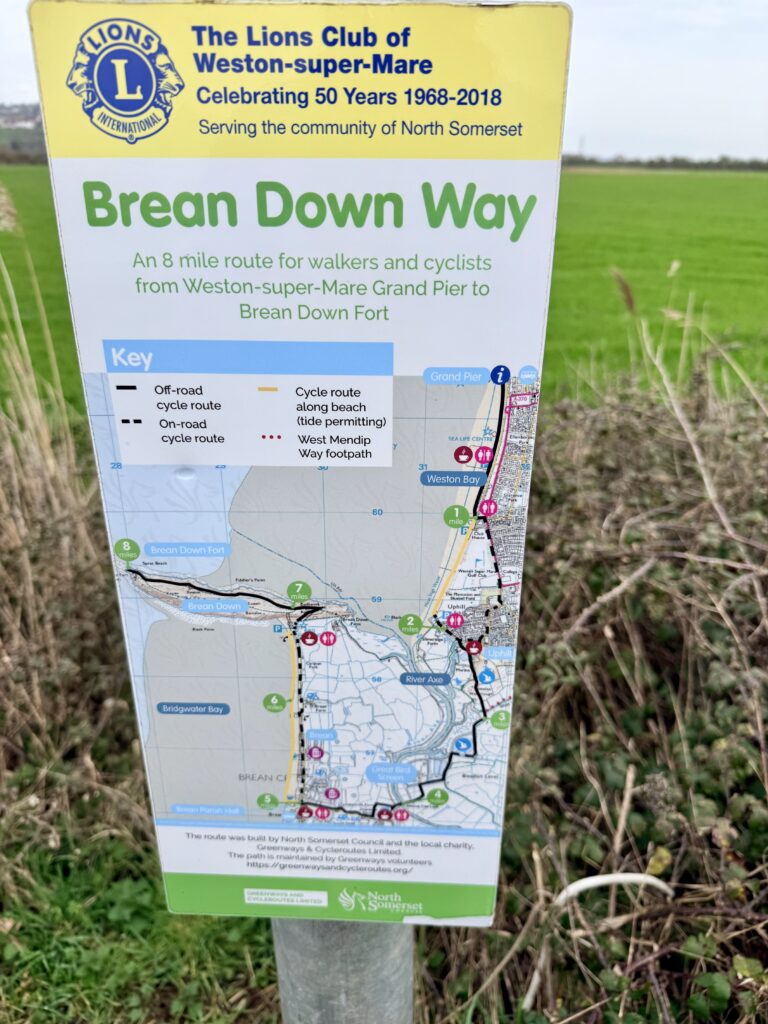 Brean Down Way route information board showing map from Weston-super-Mare to Brean Down Fort, including cycle routes, footpaths and key landmarks along the Somerset coast.