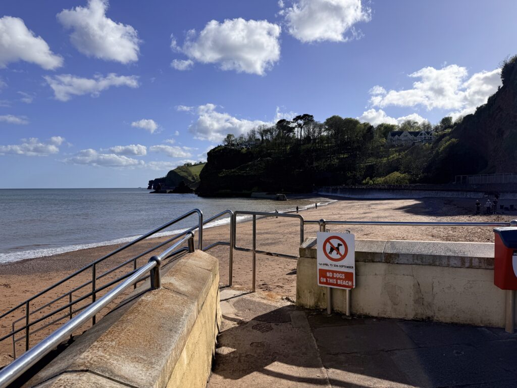 Coryton Cove in Dawlish, Devon with sandy beach, red sandstone cliffs, calm sea and steps leading down from the sea wall.