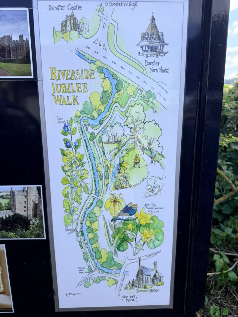Information board showing the Riverside Jubilee Walk route from Dunster Beach to Dunster village, with illustrated map, river path and local landmarks.