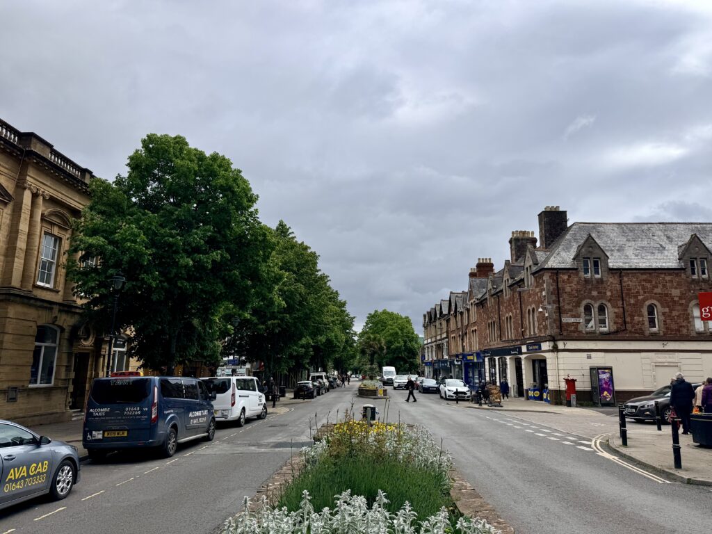 The Avenue in Minehead, Somerset, showing a wide tree-lined street with shops, historic buildings, parked cars and a central flower bed.