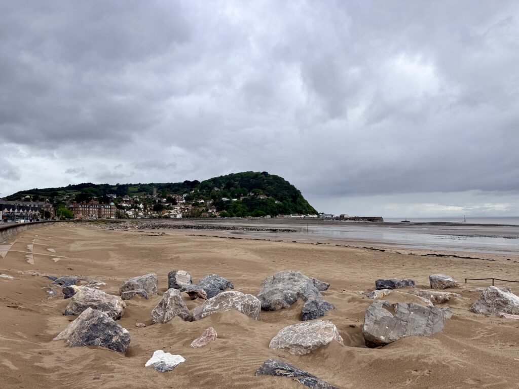 Minehead beach at low tide with sandy shoreline, seafront buildings and wooded North Hill rising behind the town.