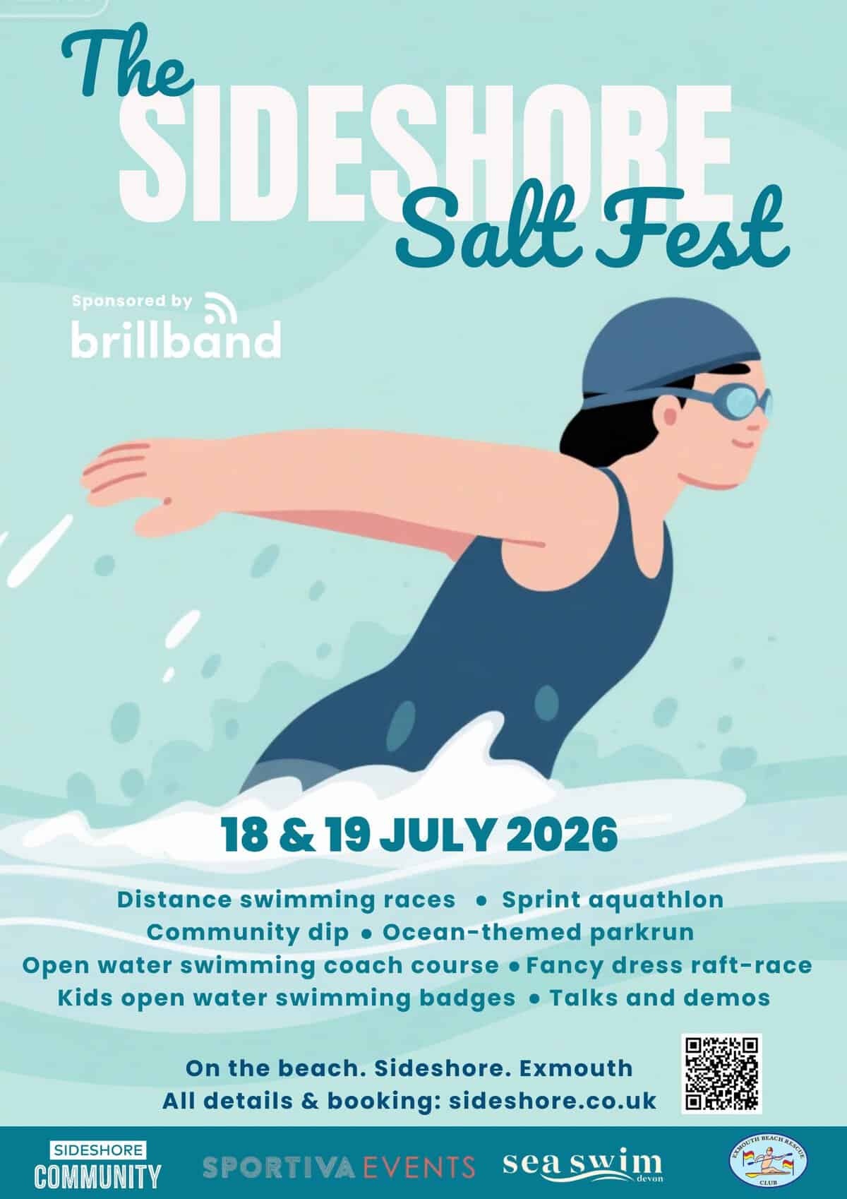 SideShore Salt Fest poster showing an open water swimmer diving into the sea, promoting a beach festival in Exmouth on 18 and 19 July 2026 with swimming races, aquathlon, community dip, talks, demos and seaside events.