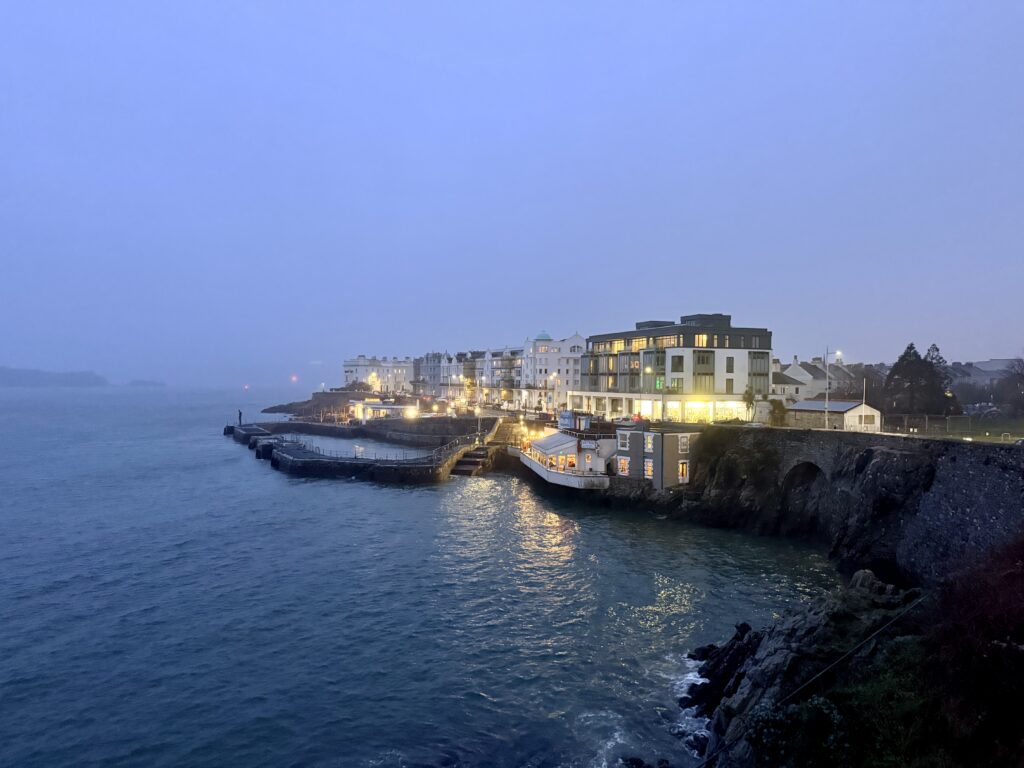 Plymouth Hoe and Plymouth waterfront at dusk, overlooking Plymouth Sound on the south coast of Devon, England