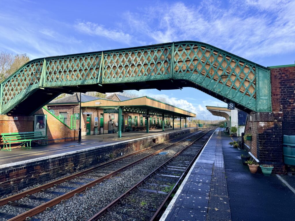 Okehampton Railway Station on the edge of Dartmoor National Park in West Devon, with its restored heritage buildings, platforms and regular train services connecting Okehampton with Exeter.