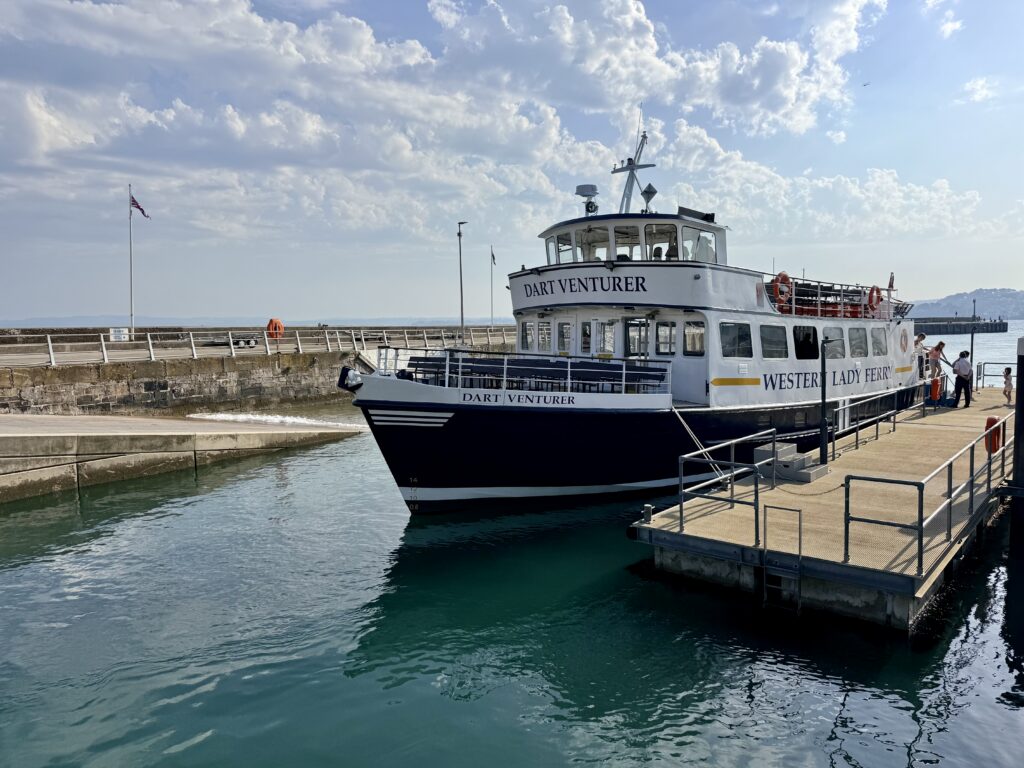 The Brixham to Torquay ferry Dart Venturer moored at Torquay Harbour.