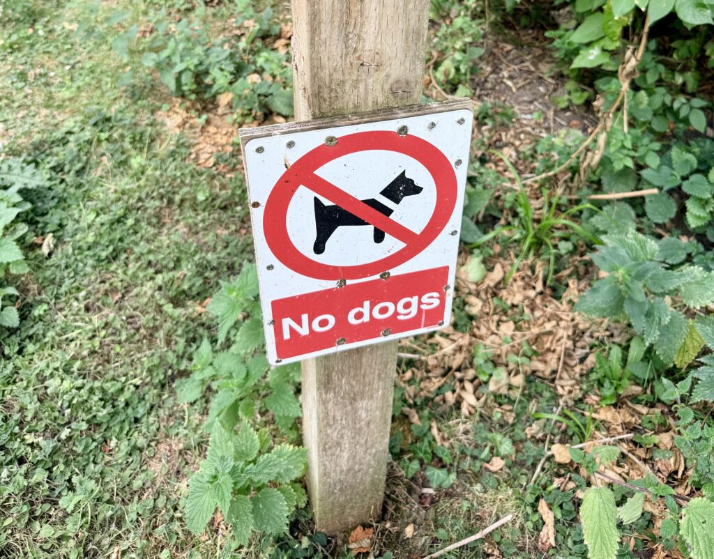 No dogs sign beside the walking route at Sutton Bingham Reservoir.