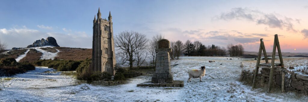 Panoramic winter collage of Dartmoor showing snowy Haytor, Widecombe church and village sign, sheep grazing in a snow-covered field and a moorland stile at sunset.