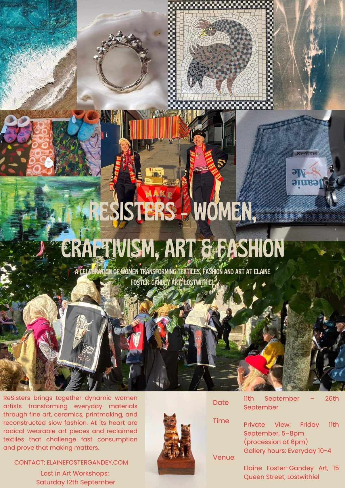 Elaine Foster-Gandey ReSisters exhibition poster featuring women’s craftivism, textile art, fashion, jewellery and artwork in Lostwithiel, Cornwall.