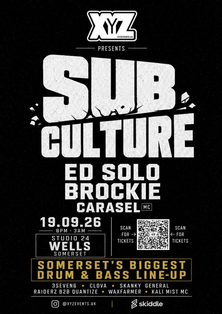 XYZ Presents SubCulture event poster featuring Ed Solo, Brockie and Carasel at Studio 24 in Wells on 19 September 2026.