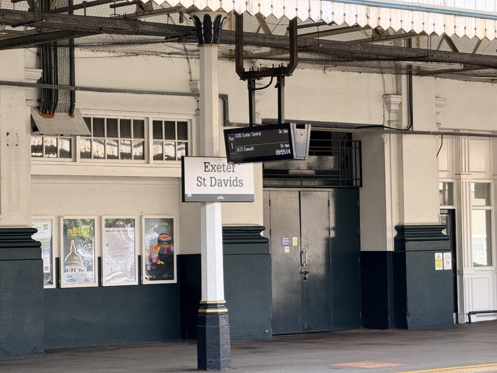 Exeter St David’s railway station sign and platform entrance
