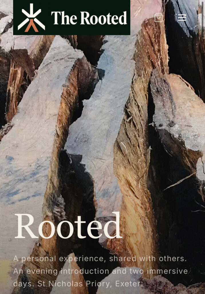 The Rooted Work retreat poster featuring a close-up of exposed tree roots with text promoting a period of silence, shared connection and immersive days at Eskinclar Priory.