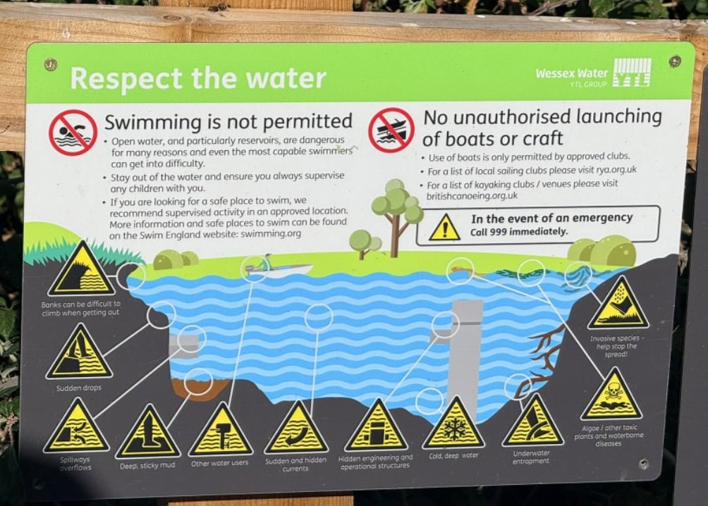 Wessex Water safety sign at Sutton Bingham Reservoir warning that swimming and unauthorised launching of boats or other craft are prohibited.