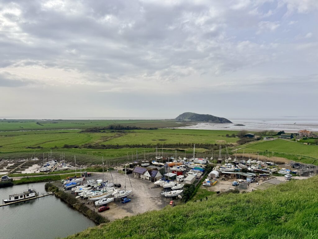 View from Uphill Church across Uphill Marina and the Somerset Levels towards Brean Down and the Bristol Channel.