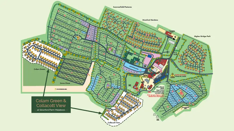 Site map of Stowford Farm Meadows showing camping, touring and holiday home areas, facilities, woodland walks and Colam Green and Collacott View