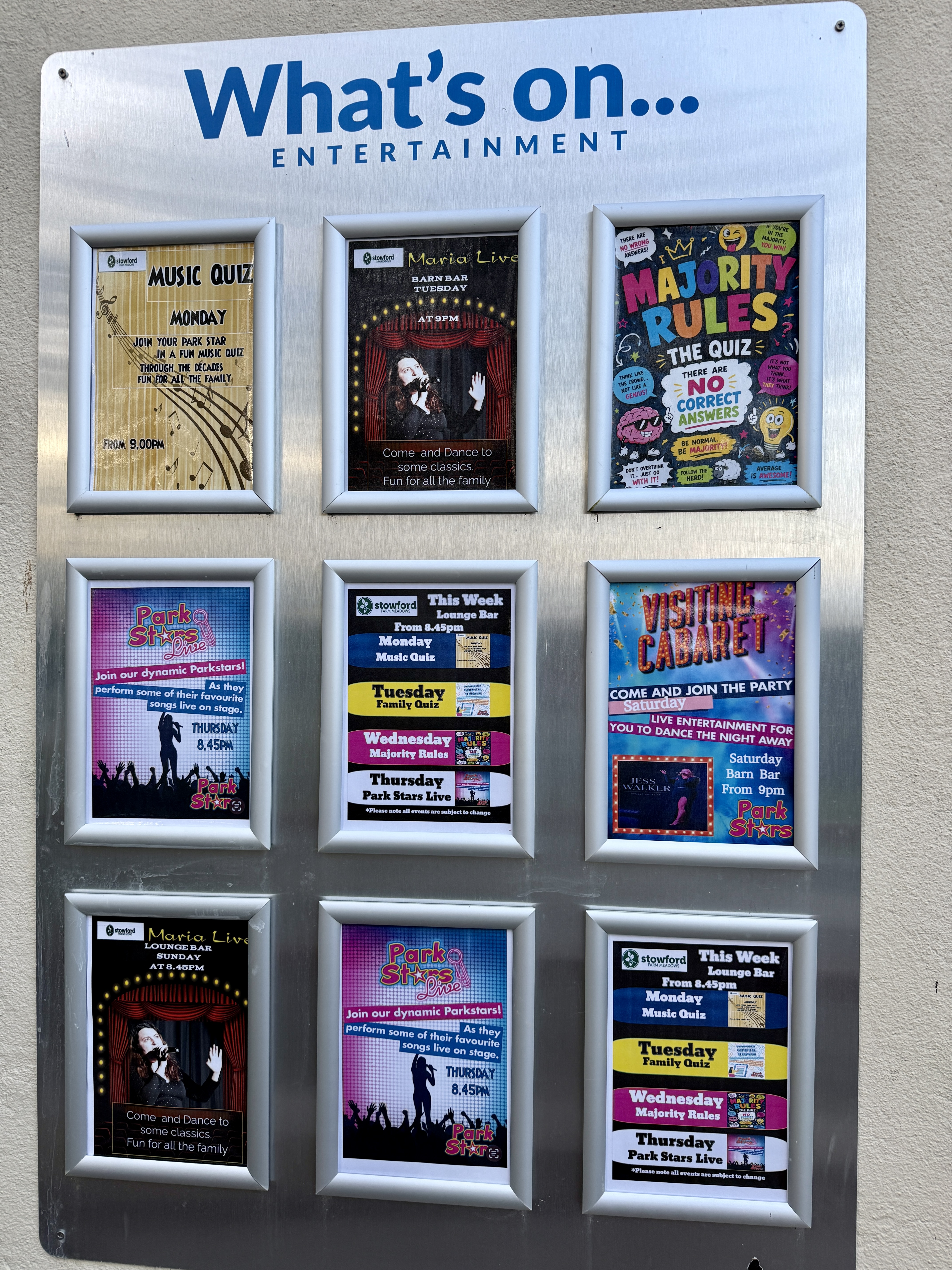 What’s On entertainment board at Stowford Farm Meadows showing the weekly programme of quizzes, live music and visiting cabaret