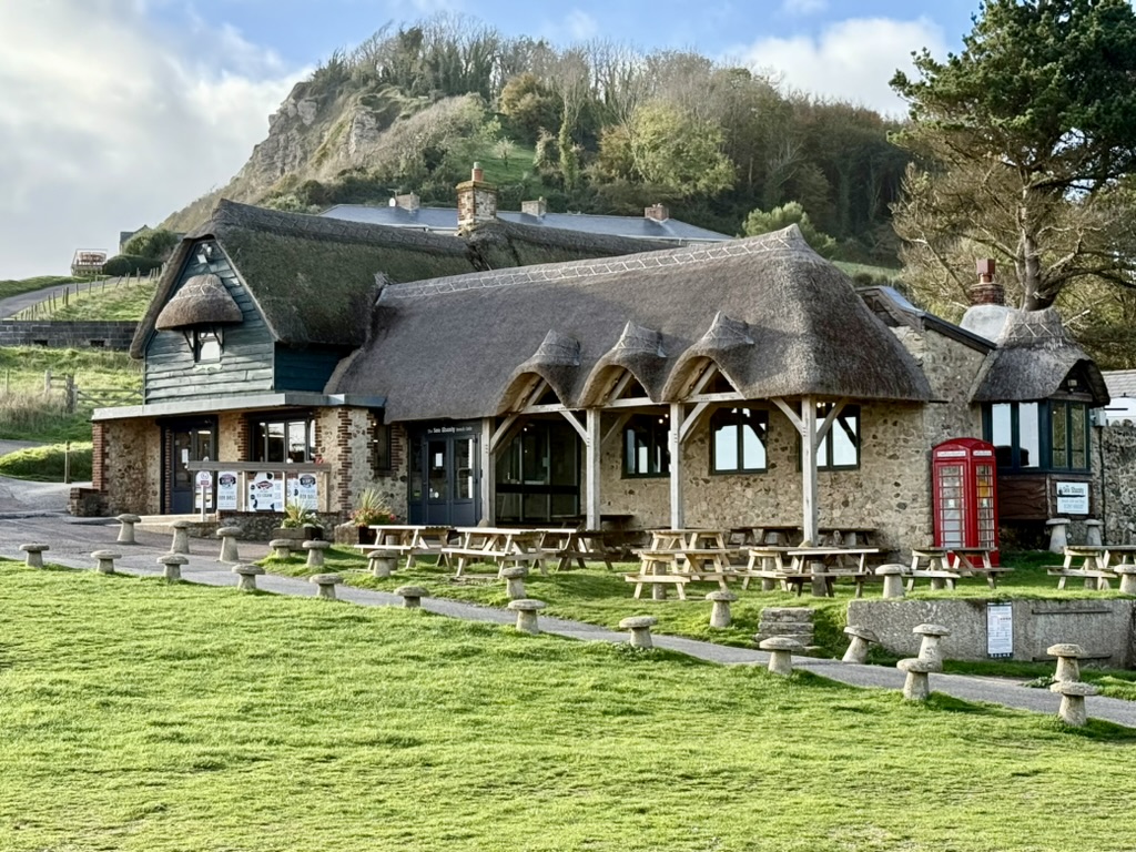Thatched Sea Shanty café with outdoor picnic tables beside Branscombe Beach and the wooded cliffs of East Devon.