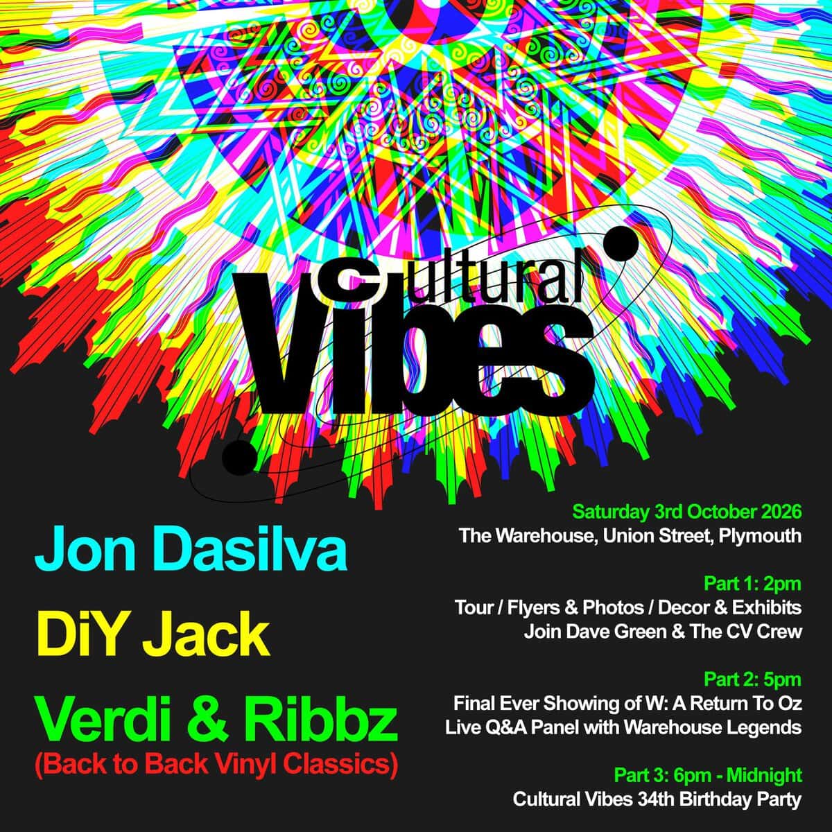 Colourful Cultural Vibes event poster featuring Jon Dasilva and DIY Jack at The Warehouse in Plymouth on 3 October 2026.