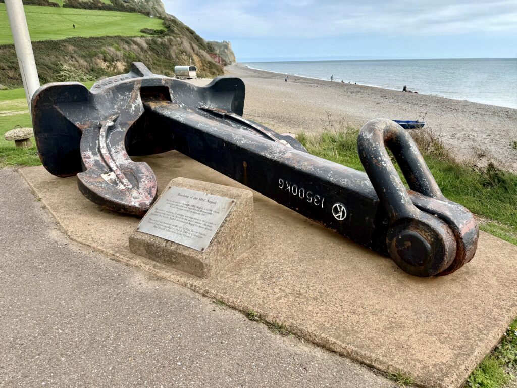 Anchor from the MSC Napoli displayed above Branscombe Beach in East Devon.