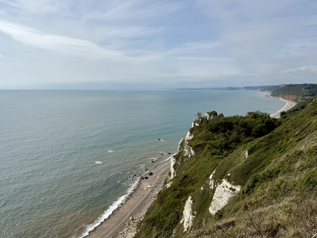 View across Hooken Undercliff and Hooken Beach towards Branscombe on the Jurassic Coast.