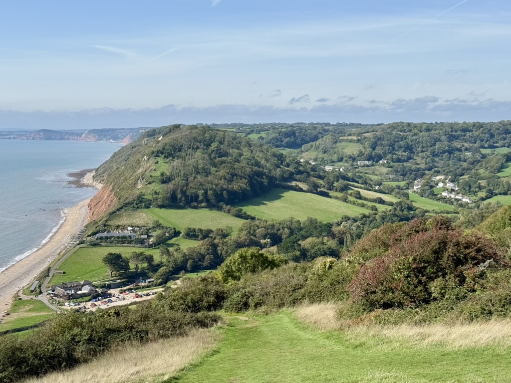 View from East Cliff over Branscombe Beach and the wooded village valley.