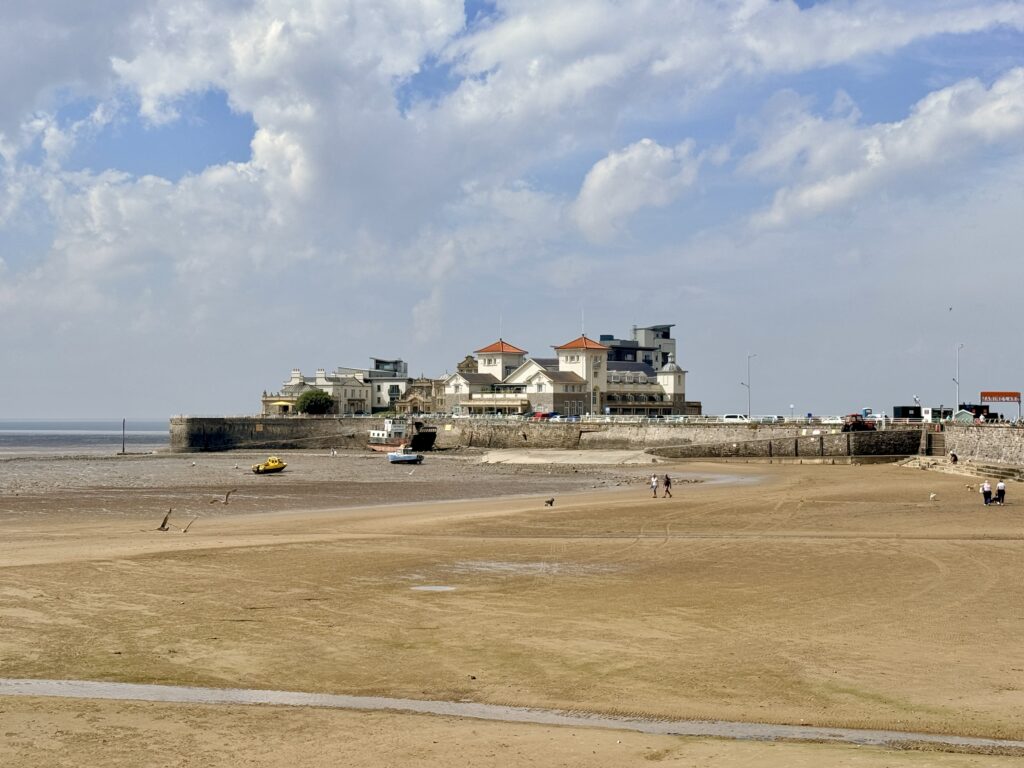 Weston-super-Mare Beach at low tide looking towards Knightstone Island.